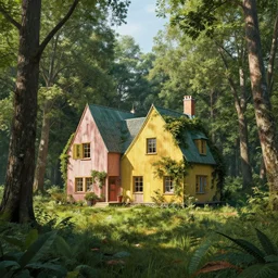 a beautiful surreal house in a serene forrest, by jean delville, by edmund dulac, by jean giraud, by ellen jewett, landscape photography composition, vivid colors, octane render, redshift render