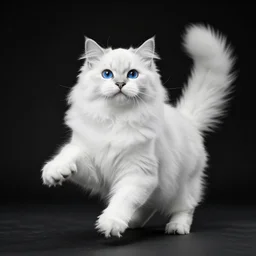 a dancing white fluffy cat, dramatic lighting, black and white, 4 k, ultra detailed, blue eyes, professional portrait