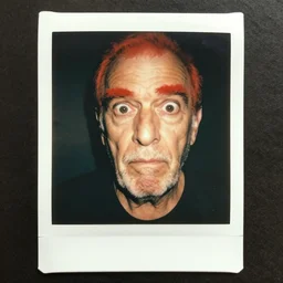 A old man with a giant red onebrow looking scared to the camera, polaroid photo, colored, award winning