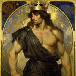 a man wearing dark clothes and golden crown, muscular, painting by greg rutkowski and alphonse mucha