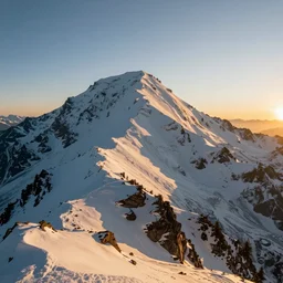 photo of a snow topped mountain lit by the sunset