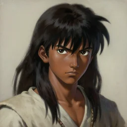 prompt : ragnarok online portrait soft light painted by katsuhiro otomo and erik jones, inspired by akira anime, epic fantasy, a young long haired peasant boy with dark skin, brown skin, a dark complexation in plain fantasy clothing with intelligent eyes, intricate oil painting, high detail illustration, sharp high detail, manga and anime 1 9 9 9