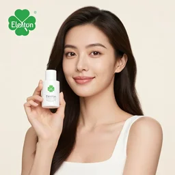“Woman advertising a skincare product named ‘Elation’ with a three-leaf clover logo, smart, beautiful, realistic, magnificent” n-9