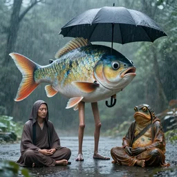 crosseyed giant fish with human legs and arms holding an umbrella while it rains next to a meditating zen froghuman hybrid cinematic scene, 4 k