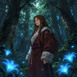 beautiful Himalayan woman, sci-fi tibetan fashion, brown very very long hair, somber, scene of a summer forest with glowing blue lilies, dramatic light, wide angle, , dramatic angle , 8k hdr pixiv by Makoto Shinkai and Wojtek Fus, rossdraws, ambient occlusion