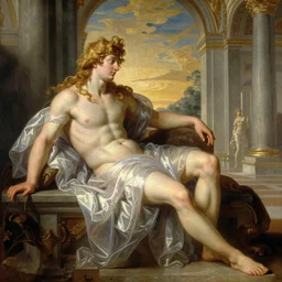 beautiful painting of Apollo and Ganymede with long curly blond hair, wearing wispy silken gossamer robes, in the imperial palace at golden hour, relaxing, by Peter Paul Rubens and Norman Rockwell