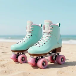 roller blades on the beach pastel colors surreal photography octane render weta digital vintage