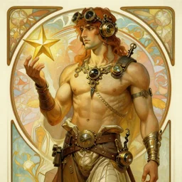 a steampunk male holding a star, muscular, tarot art, futurism, painting by greg rutkowski, alphonse mucha