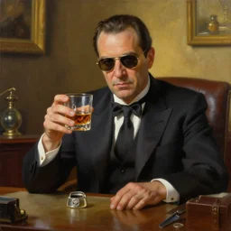beautiful oil matte portrait painting, mafia boss holding a glass of whiskey at his 5 0 s new york office desk, wonderful masterpiece highly detailed, beautiful cinematic light deep focus, elegant, digital painting, smooth, sharp focus, golden ratio, dramatic illumination, ultra realistic, 8 k, art by jimmy law