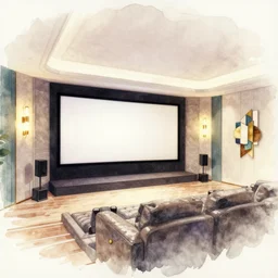 very wide angle view, a modern home movie theater with big screen!!, stylish wall sconces, art deco style!!, rough watercolor painting, trending on artstation
