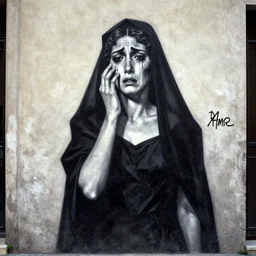 This street art was painted in 1937 during the Guerra Civil Española. The woman in the street art is weeping. She is wearing a black dress and a black veil. Her face is distorted by grief. The street art is dark and somber. afrofuturism by Dora Maar, by Heywood Hardy loose, lively