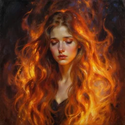 a beautiful oil painting portrait of a beautiful sad woman with long flowing hair made of fire by greg rutkowski