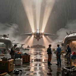 A landscape with a dystopian spaceport, rain, oily puddles, mechanics, crates and parts on the ground, overalls, people are talking in the foreground, in the background a spacecraft is landing, thrusters, glow, volumetric lighting, ray lighting from top of frame, crepuscular ray lighting from above, dynamic lighting, muted colors, by Greg rutkowski, thomas kinkade, Andreas rocha, john howe, pixar, f16, hd, 4k