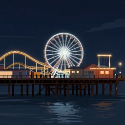 Digital Matte Illustration of a beautiful dark Galveston Pleasure Pier night with ferris wheel, roller coaster and lighted swing, in the style of Greg Rutkowski