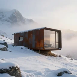 “Hyper realistic, corten Steel cabin in mountain covers by snow, Mornin light, Future design, architecture design, foggy, environment, Cinematography, mega scans, sloped site, cinematic, hyper realistic, photo real, cinematic composition, highly detailed, vray, 8k render”