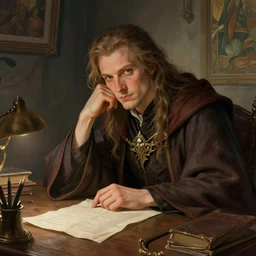 fantasy portrait of a wizard procrastinating at his desk!! wizard robes, in the style of ryan jia, highly detailed. smooth, sharp focus, soft lighting, illstration by ilya kuvshinov and alphonse mucha, 8 k