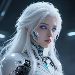 detailed portrait of perfect white haired girl, warframe armor, beautiful, dreamy, pretty face, blue cyborg eyes, goddess, radiant light, scifi, clean, advanced technology, illuminated, perfect, space, futuristic laboratory, ultra realistic, beauty, intricate, glow, unreal engine, extreme details, focused, masterpiece