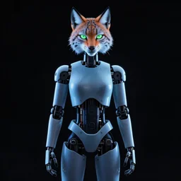a slightly minimalist very detailed fullbody portrait antropomorphic humanoid android with a head of a lynx. lowbrow blacklight color palette. artwork by subjekt zero. black background.