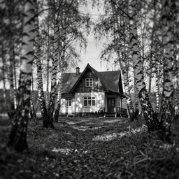 strange house in the birch trees wood, monochrome analogue photo quality, blur, unfocus, cinematic, 35mm