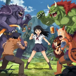 anime scene where monsters battle with girl in middle