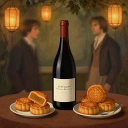 illustration of a bottle of wine sitting on a table, surrounded by mooncakes and lanterns, by ian mcque and henri rousseau, style of still life, long exposure, pride & prejudice