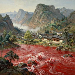 a gorgeous landscape painting by barlowe wayne maxfield parrish and marco mazzoni. china mountain village. ultra clear detailed. 3 d, octane render. turbulent blood lake.