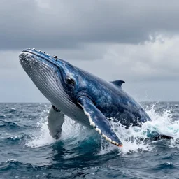 a big blue whale riding on top of tsunami wave, realistic 8 k photo
