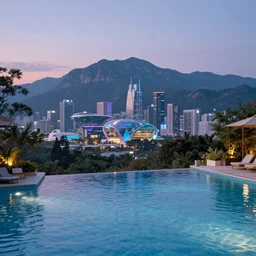 Resort pool during dusk, with the mountains and futurisitc city in the background, by Claude Monet,