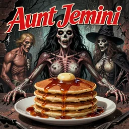Aunt Jemima, heavy metal magazine cover, 1980s, intricate pancakes and syrup witch, atmospheric, realism, horror, grimy, sinister, highly detailed, high octane render, HD, anatomy, symmetrical body, symmetrical face, scary, cracked brick background, in the style of Frank frazetta and moebius, Peter mohrbacher and John William Waterhouse