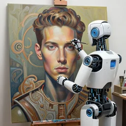 robot artist painting a self - portrait on a canvas. intricate, highly detailed, digital matte painting in the style of gil elvgren and in the style of alexandria pyromallis. irony, recursion, inspiration.
