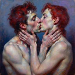 highly detailed and textured painting of a deformed anatomical portrait of kissing human couple, emotionally expressive, artistic pose, highly detailed impasto oil painting, soft light 1 6 k, red, blue, and purple colour palette, cinematic composition, cinematic lighting, sharp focus, masterpiece by adrian ghenie and jenny saville,