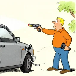 a drawing of a man filling his car with a water pistol, by gary larson,