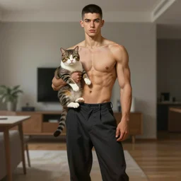 full body portrait of a single beautiful young fit man, modern haircut, open shirt, large pants, holding a detailed photorealistic cat. by greg rutkowski and alphonse mucha, d & d character, in front of a modern room background, highly detailed portrait, digital painting, artstation, concept art, smooth, sharp focus ilustration, artstation hq