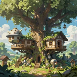 an intricate concept art, illustration, fantasy micro - world inside a room in a tree house, no people, large mechanical biomes, ultra photorealistic, ultra sharp, pinterest, artstation, cgsociety, pinterest, digital art, anime colors, style by wlop, hyperrealistic, octane render, 8 k