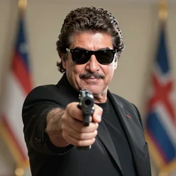 a still of hugo chavez as neo from the matrix ( 1 9 9 9 ), wearing black sunglasses and pointing a gun to the camera. centred. extremely detailed. beautiful. 3 5 mm. 4 k. award winning.