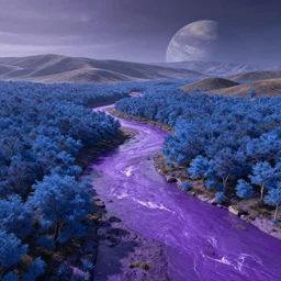 a planet with purple rivers and blue trees, there are hills in the background of the image, realistic
