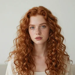 a photo portrait of a beautiful girl with red long curly hair by Flora Borsi, soft indoor lighting, pastel colors scheme, fine art photography