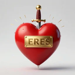 a red heart with a sword bursting through it and the word ERES written on a gold plate on the heart