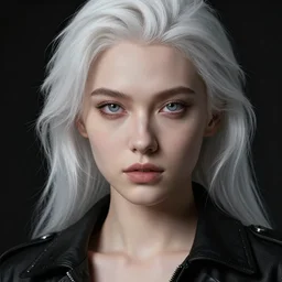 highly detailed portrait of beautiful white haired girl, wearing a black jacket, very beautiful face, very detailed eyes, intricate, cgsociety, cinematic studio lighting