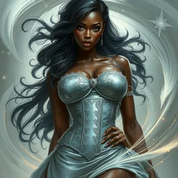 cute black woman wearing a silver chrome corset dress, fantasy, intricate, highly detailed, digital painting, artstation, concept art, wallpaper, smooth, sharp focus, illustration, swirling energy, art by artgerm and greg rutkowski and alphonse mucha