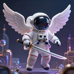 Marshmallow Astronaut with wings swinging katana, magical atmosphere, neon, cinematic shot, intricate, ornate, photorealistic, ultra detailed, realistic, 100mm, photography, octane, high definition, depth of field, bokeh, 8k, artstation