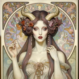 hyperrealistic detailed portrait of ivory beautiful demonic witch, art by ernst haeckel, john william godward, hammershøi, alphons mucha, pontormo, ornamental, decorative, art nouveau pattern, deep pastel colors,