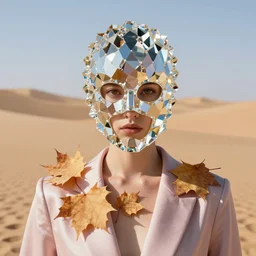 humanoid in reflecting ray crystal mask, autumn, stern face, directed gaze, haute couture, editorial photoshoot, pastel colors, vivid, fashion photography, cinematic lightning, sand dunes, desert, ultra realistic, portrait photography, 8 k, hd.