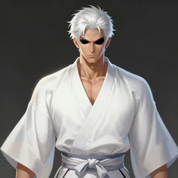 a highly detailed illustration of fierce short white haired attractive young japanese man wearing white hakama, black sclera! eyes, dramatic pose, muscular, intricate, elegant, highly detailed, centered, digital painting, artstation, concept art, smooth, sharp focus, league of legends concept art, wlop