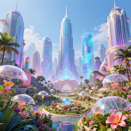 year 3 0 0 1 illuminated cyberpunk city with vibrant technological park filled with holograms metropolis art deco inspired clear day flower [ glass umbrellas ] [ translucent skyscrapers ] saturated lighting fantasy scifi by ross tran elegant artstation