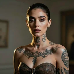 portrait of unseen lovecraftian golden ratio bhad bhabie, tight fit, rim lighting, defined neck and face, tattooed toned body, art by j scott campbell and best artist in the year 3 0 0 0, post - processing, 8 k, museum worth