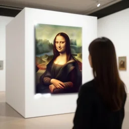 mona lisa looking at marcel duchamp in a white cube