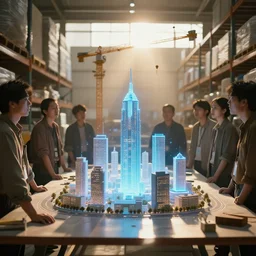 group of people in simple warehouse, admiring hologram of futuristic city on a table, cinematic concept art, godrays, golden hour, natural sunlight, 4 k, clear details, tabletop model buildings, center model buildings, hologram center, crane shot, crane shot, crane shot