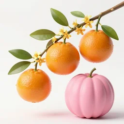 Hybrid oranges and watermelons, fruit growing on a branch, golden flowers, high quality, a strange pink and blue bird is perched on the branch, nature photography, f2.8, 35mm lens, bokeh, depth of field.