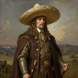 18th century oil painting of theoden king of rohan wearing sombrero realistic